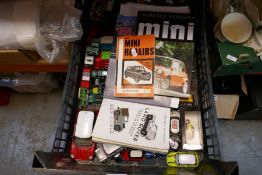 A box of mised die cast including Matchbox, etc and some ephemera to Land Rover and Mini relating