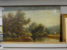 Henry Earp, 1831 - 1914, an antique oil of cattle in shallow river, unframed and relined, in the st