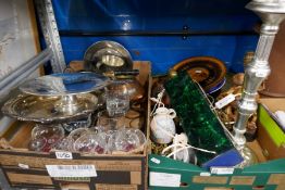 Two boxes of mixed China, glass and sundry items to include lamps cutlery, metal ware etc