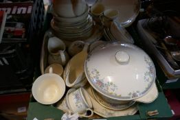 A box of Royal Doulton part dinner service including cups, saucers plates, lidded tureen, Juliet pat