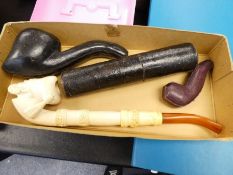 Two Meerschaum pipes and one other and a folding telesceope