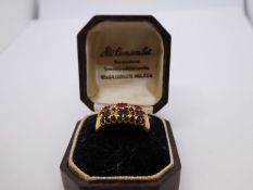 Antique 18ct yellow gold double shanked ring, one side set sapphires and diamond chips (one diamond