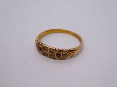 Antique 15ct gold dress ring set with rubies and seed pearls, AF, 8 pearls missing, size Q, marked 1