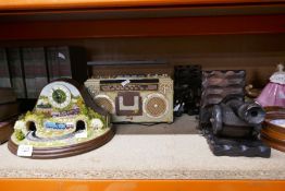 Novelty train clock and a tin radio