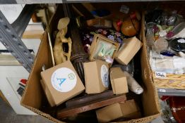 Three boxes and a crate of mixed ceramics and collectables including wodden horse models, chrome oil
