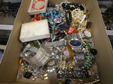 Tray of mixed costume jewellery including designer watches, bracelets, necklaces, etc