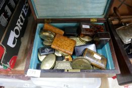 Two inlaid wooden boxes filled with a selection of and including snuff boxes made from brass, treen,