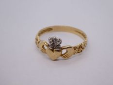 9ct yellow gold sweetheart ring the crown set with two small diamonds, size W, marked 375, 2.5g appr