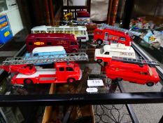 Shelf of playworn Dinky vehicles to include Ford Transit, Police and Fire vehicles (7)