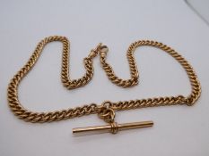 9ct rose gold double Albert chain, with T bar, 1 catch loose, marked 375, 40.2g approx