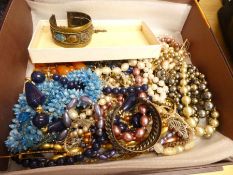 Box of costume jewellery including a chunky white metal bracelet, possibly Middle Eastern and anothe