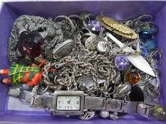 Tray of silver and other costume jewellery, Gucci watch, gold topped mother brooch, etc