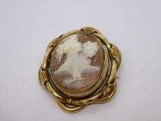 Large vintage cameo brooch in decorative metal mount, 5 x 6cm Cameo depictng two female figures