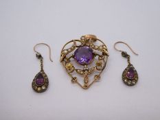 Pretty 9ct yellow gold heart shaped pendant with large circular amethyst and set seed pearls, AF bro
