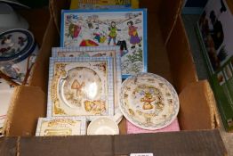 Box containing Wedgwood 'Rambling Ted' childs teaware, and two Rupert Puzzles