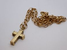 9ct yellow gold belcher chain hung with 9ct yellow gold cross pendant, both pieces marked 375, 4.2g