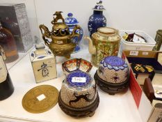 A Chinese Canton teapot, 2 blue and white vases and other Oriental items