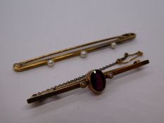 15ct yellow gold bar brooch, with 3 attached seed pearls, 6cm and 15ct bar brooch with central oval