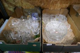 Five boxes mised glassware to include decanters, bowls, drinking glasses, candlesticks