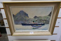 Three oil on board pictures, two depicting boats, etc signed and dated '84