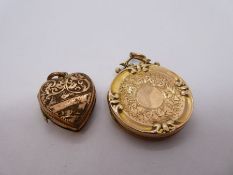 Antique 9ct front and back circular engraved locket and yellow metal heart shaped example