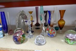 A selection of paperweights including Caithness and a selection of vintage stem glasses