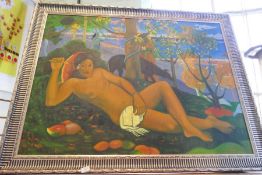 Large framed oil painting of a semi nude lady in a reclined position