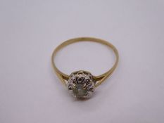 9ct yellow gold cluster ring set with possible white sapphire and diamond chips, marked 375, size U