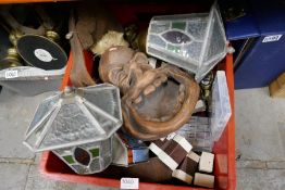 Two crates of mixed collectables including metal ware stained glass lanterns, treen, etc