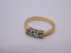 18ct yellow gold diamond trilogy ring, size P/Q, central stone 0.20 carat, 3.7g approx