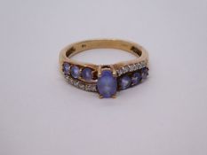 9K contemporary dress ring with diamonds and tanzanite, marked 9K, size P, 3.1g approx