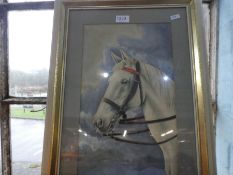 A watercolour of horse by Violet B Rust and one other unframed oil of figures holding trombone