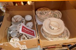 Box of Morley dinnerware, box containing Oriental teaset and a selection of boxes and unboxed crysta