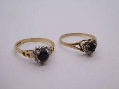 Two similar 9ct yellow gold sapphire and diamond chip dress rings both in the form of hearts, both m