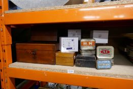 Vintage wooden boxes, tins etc