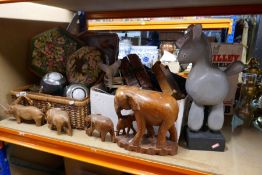 Large quantity of collectables incl. wicker basket containing tapestry top footstools, elephants, ca