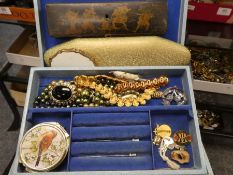 Blue jewellery box and contents including brooches, beads, simulated pearls, etc
