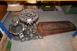 Wrought iron stand, fireplace pokers and lantern