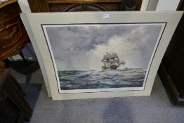 Two similar pencil signed prints of Galleon by Montague Dawson, both unframed