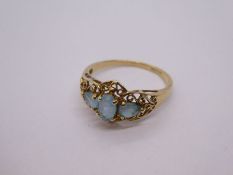 9ct yellow gold dress ring set with pale blue topaz on floral cut mount, size P/Q, marked 375, 2.1g