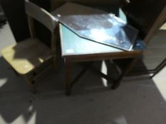 An oak square card table, a mirror and a chair