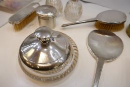 Silver dressing table items of engine turned design. Mappin and Webb. Also with other hallmarks. A n