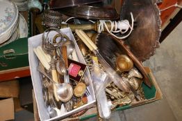 A box mostly comprising brass, silver plated items, candlesticks dishes, etc