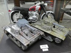 Two Mettoy tinplate clockwork tanks and large scale model Triumph motorcycle