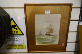 F.J. Aldridge. A 19th century water colour of boat beside cliff, signed, 19.5 x 26cms