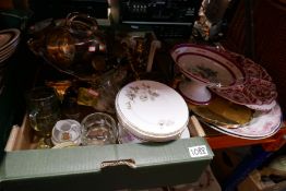 3 Crates and a selection of ceramics and metalware etc incl. Crown Ducal, Shelley, Large meat platte