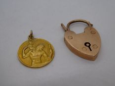 9ct yellow gold heart shaped padlock and circular 9ct medallion 5.3g approx