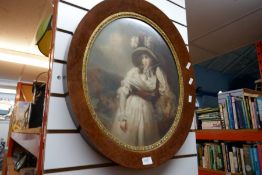 Framed oval print Mahogany veneered frame depicting young lady in dep thought and includes folding m