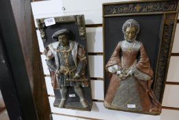 Two wall hung plaques, one depicting Henry VIII and one Elizabeth I