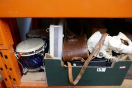 A set of vintage medical equipment, binoculars, leather bag, etc and bongos